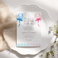 Load image into Gallery viewer, 2036 He or She Gender Reveal Invite Blue Pink Lollipop, Baby Shower Template, Digital Download
