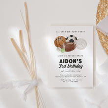 Load image into Gallery viewer, All Star Sports Birthday Invitation for Boys Multi-Sports Balls Party Invite Watercolor Template 0334
