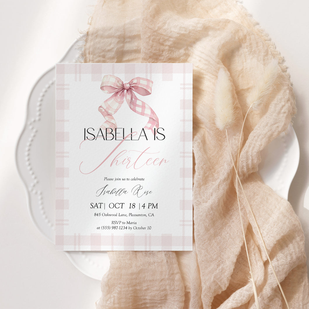 0318 pink plaid bow birthday invitation