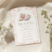 Load image into Gallery viewer, 2023 Pink toile pattern time for tea baby shower invite template
