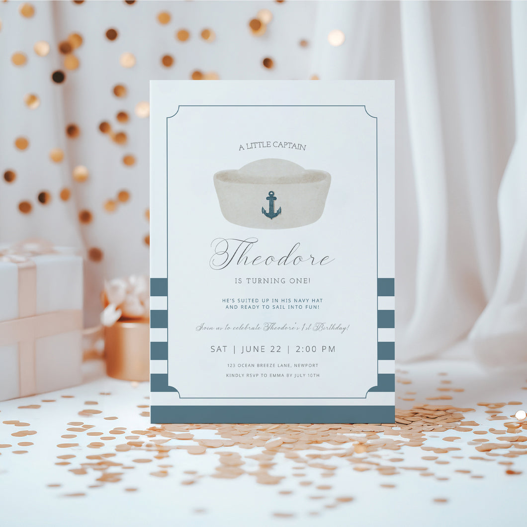 0307 Navy Sailor hat birthday invitation