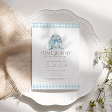 Load image into Gallery viewer, Some Bunny Baby Shower Invitation Blue Gingham Easter Spring Bunny Template 2038
