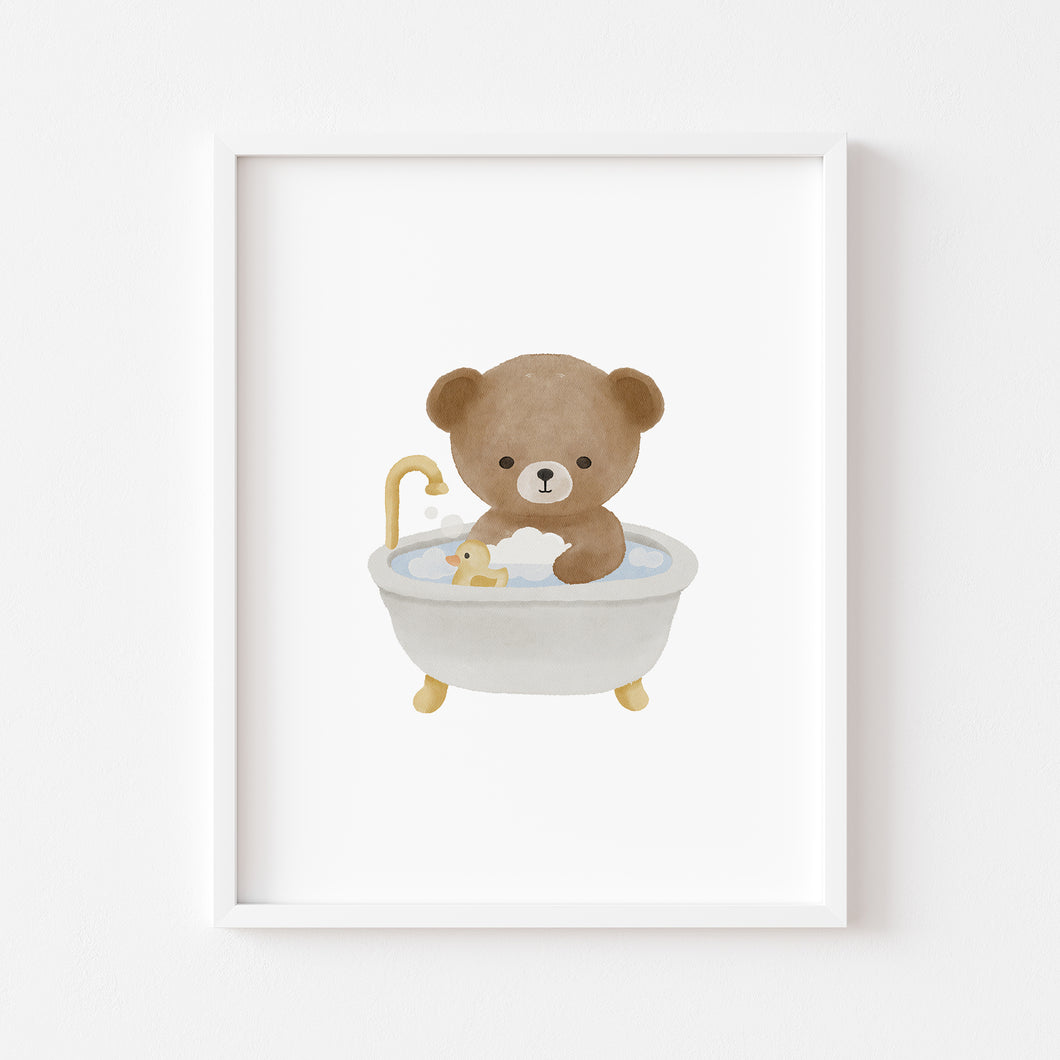 Watercolor Cute teddy bear in bath tub print 07-348