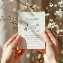 Load image into Gallery viewer, Corjl editable blue little slugger in on the way baby shower invitation 2016
