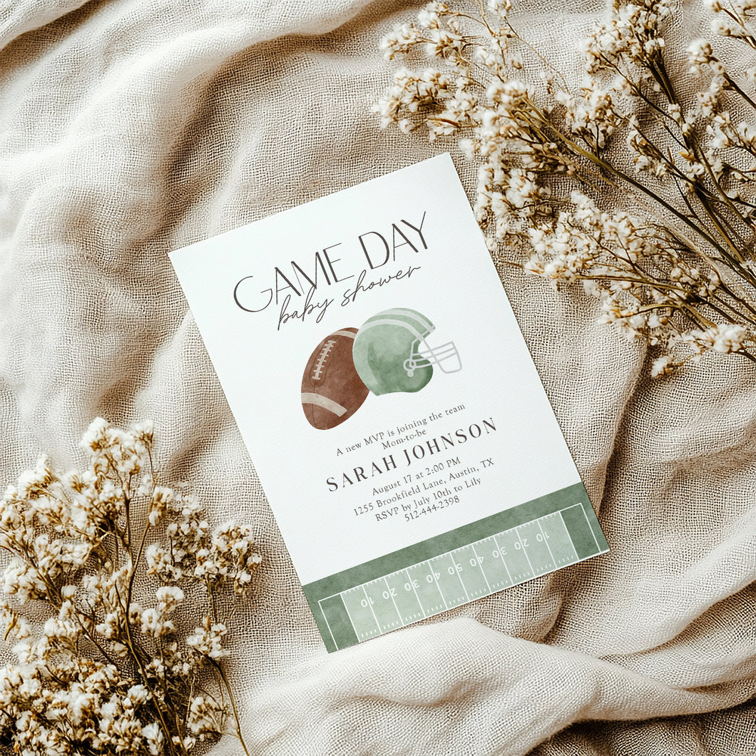 2032 Sage green Game day Football Sports Baby Boy Shower Invite, Editable Template, Digital Download