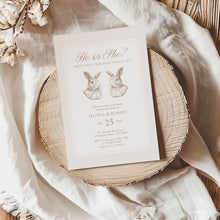 Load image into Gallery viewer, 2037 Gender reveal vintage bunny invite, digital download, editable template
