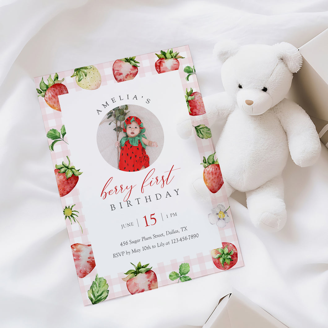 0326 Pink Gingham Strawberry Berry First Birthday Photo Invite, Editable Template, Digital Download
