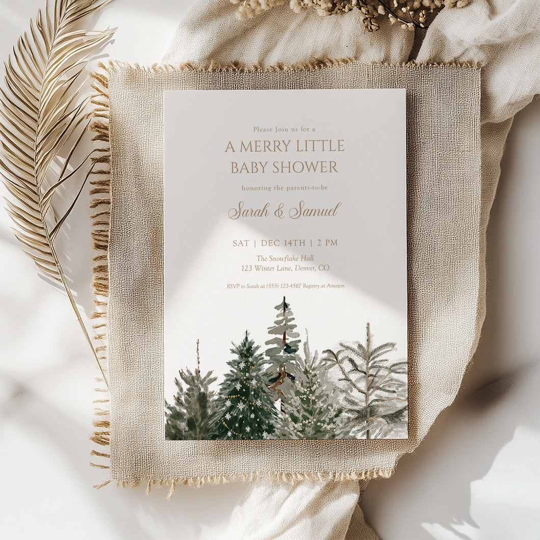 2024 Winter woodland merry little Christmas tree baby shower invitation