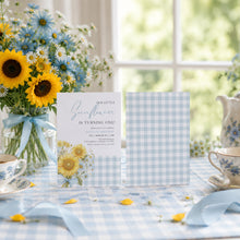 Load image into Gallery viewer, Blue Sunflower Birthday Invitation Watercolor Gingham Baby Boy Summer Template 0340
