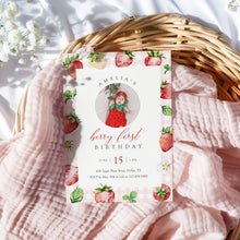 Load image into Gallery viewer, 0326 Pink Gingham Strawberry Berry First Birthday Photo Invite, Editable Template, Digital Download
