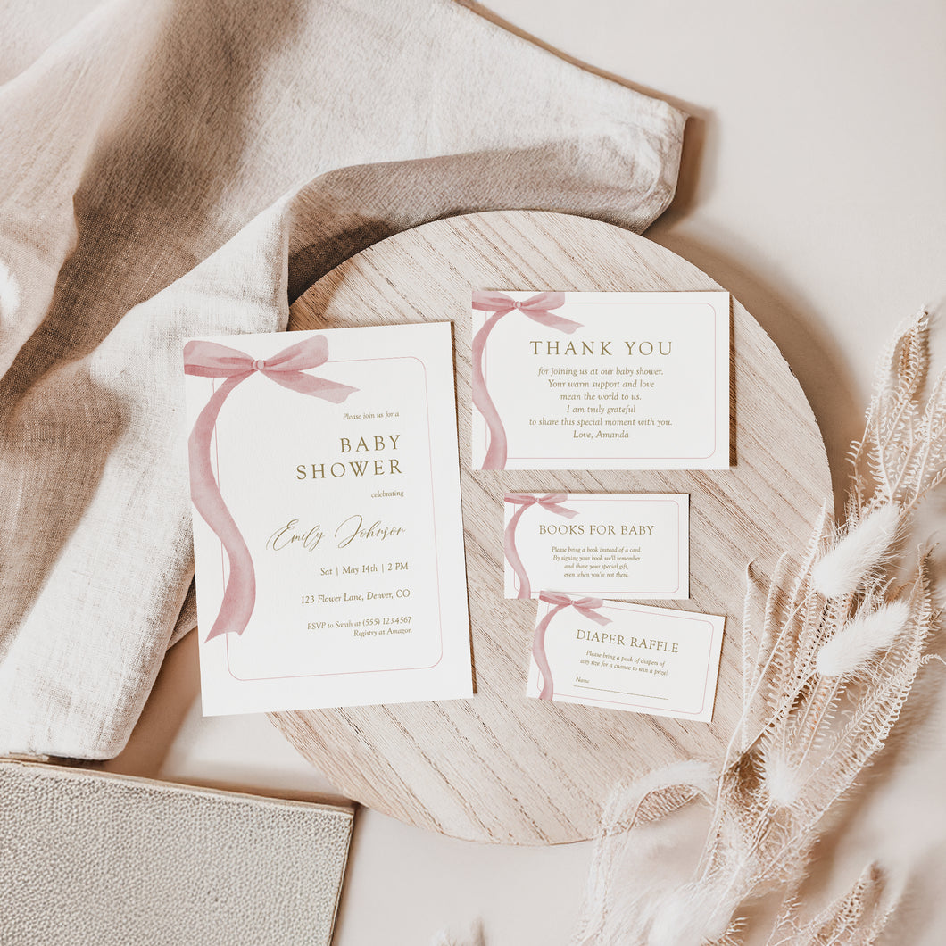 Pink Bow Baby Shower Invite Template Bundle (Digital Download) 2031