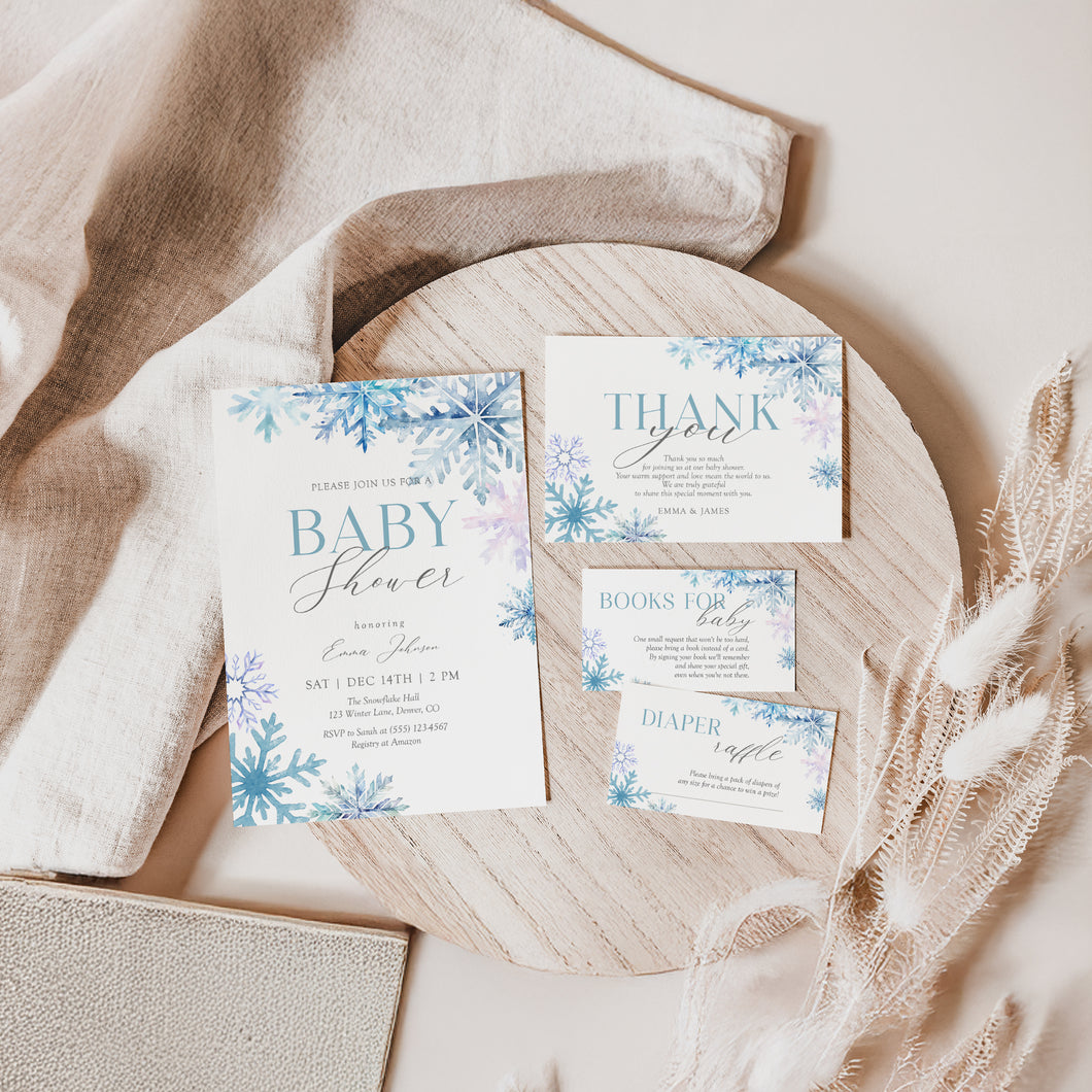 Snowflake Winter Baby Shower Invitation Set, Christmas Baby Shower Mini Bundle Printable, Holiday Baby Shower Invite Diaper Raffle Books for Baby 2024