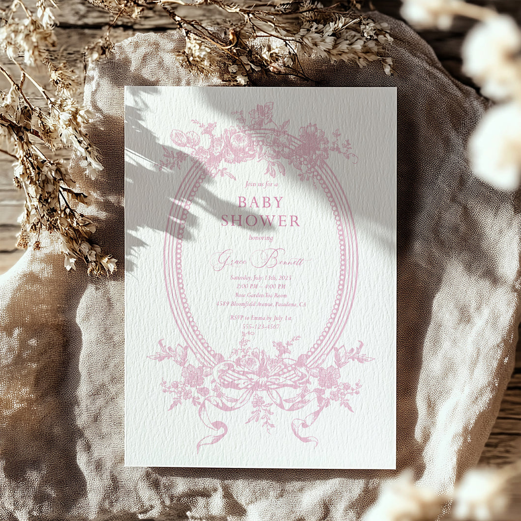 Corjl editable pink tolie de jouy baby shower invitation template 2015
