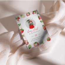 Load image into Gallery viewer, 0326 Pink Gingham Strawberry Berry First Birthday Photo Invite, Editable Template, Digital Download

