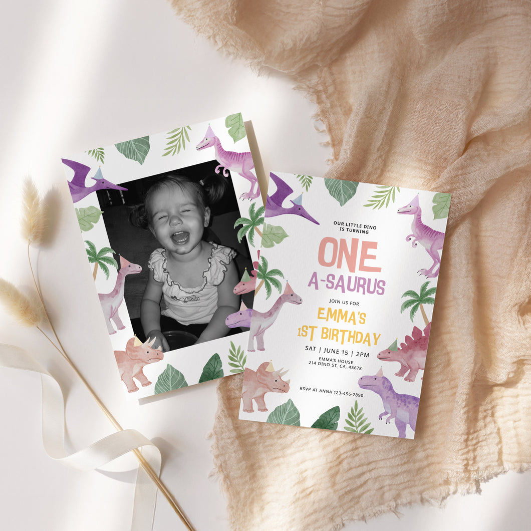 0323 Dinosaur One-a-Saurus 1st Birthday Invitation for Girls, Editable Printable Template, digital download