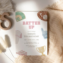 Load image into Gallery viewer, Baseball Birthday Invitation for Girls Pink Sports Party Invite Batter Up Invite Template 0334
