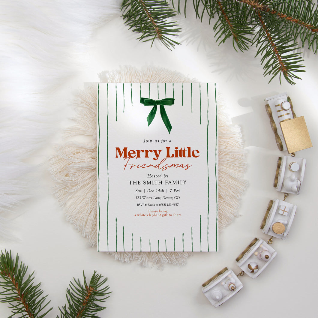 2033 Green Bow Merry Little Friendsmas Party Invite, Editable Christmas Holiday Template, Digital Download