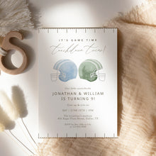 Load image into Gallery viewer, 0325 Football Joint Birthday Invitation, Twin Brothers Sports Party Invite, Touchdown, Editable Template, Digital Download

