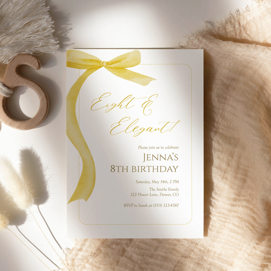 Yellow bow Eight & Elegant 8th Birthday Invitation, Editable template, Digital Download 0324