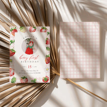 Load image into Gallery viewer, 0326 Pink Gingham Strawberry Berry First Birthday Photo Invite, Editable Template, Digital Download
