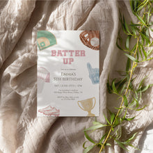 Load image into Gallery viewer, Baseball Birthday Invitation for Girls Pink Sports Party Invite Batter Up Invite Template 0334
