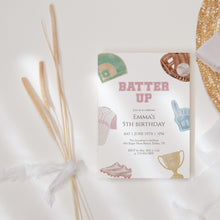 Load image into Gallery viewer, Baseball Birthday Invitation for Girls Pink Sports Party Invite Batter Up Invite Template 0334
