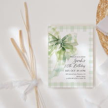 Load image into Gallery viewer, 0318 green plaid bow birthday invitation
