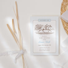 Load image into Gallery viewer, Go Baby Go Blue Derby Baby Shower Invitation, Preppy Vintage Boy Shower Template 2043
