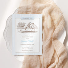 Load image into Gallery viewer, Go Baby Go Blue Derby Baby Shower Invitation, Preppy Vintage Boy Shower Template 2043

