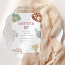 Load image into Gallery viewer, Baseball Birthday Invitation for Girls Pink Sports Party Invite Batter Up Invite Template 0334
