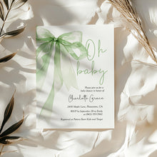 Load image into Gallery viewer, 2021 sage green bow baby shower invitation
