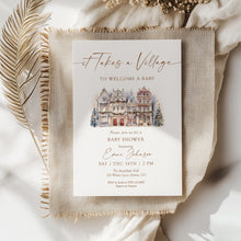 Load image into Gallery viewer, 2024 Winter Baby Shower Invitation, It Takes a Village Theme, Christmas Holiday Baby Shower, Editable Template
