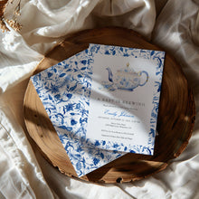 Load image into Gallery viewer, 2023 blue chinoiserie teapot baby shower invite template

