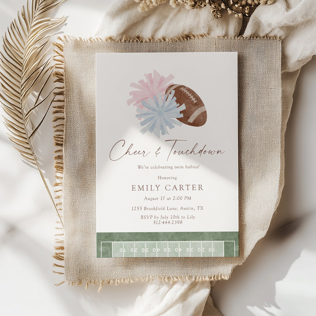 2032 Cheer & Touchdown Sports Football Baby Shower Invite, Editable Template, Digital Download