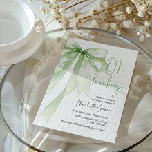 Load image into Gallery viewer, 2021 sage green bow baby shower invitation
