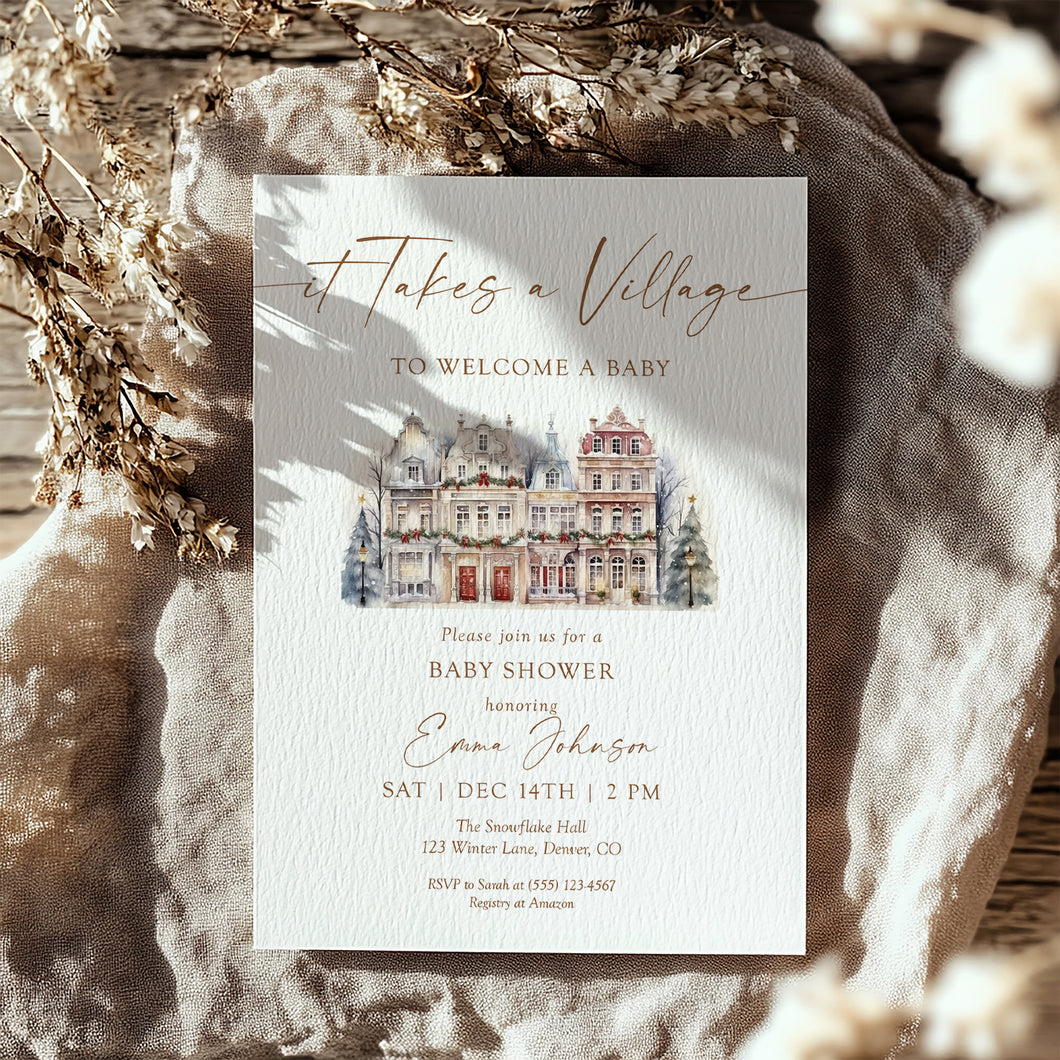 2024 Winter Baby Shower Invitation, It Takes a Village Theme, Christmas Holiday Baby Shower, Editable Template