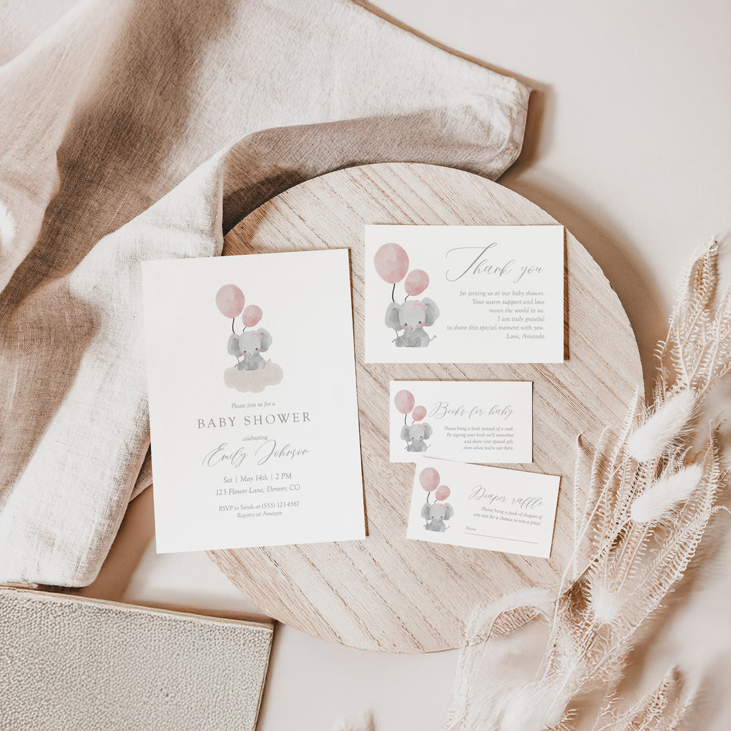 Pink Elephant Baby Shower Invite Bundle (Digital Download) 2031
