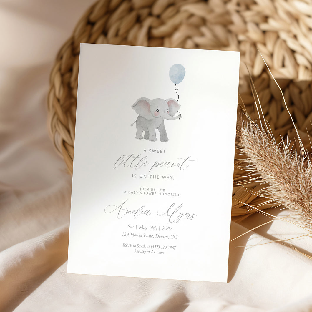Blue Elephant Baby Shower Invitation, Watercolor Balloon (Digital Download) 2031