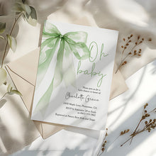 Load image into Gallery viewer, 2021 sage green bow baby shower invitation
