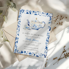 Load image into Gallery viewer, 2023 blue chinoiserie teapot baby shower invite template

