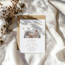 Load image into Gallery viewer, 2024 Winter Baby Shower Invitation, It Takes a Village Theme, Christmas Holiday Baby Shower, Editable Template
