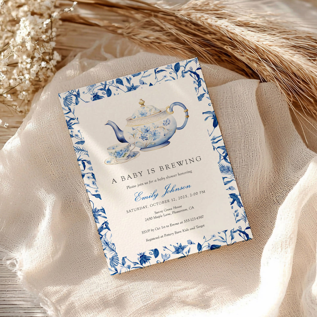 2023 blue chinoiserie teapot baby shower invite template