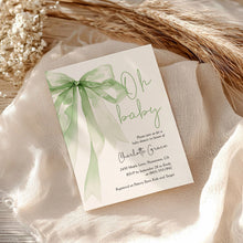 Load image into Gallery viewer, 2021 sage green bow baby shower invitation
