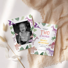 Load image into Gallery viewer, 0323 Baby Girl Dinosaur Birthday Photo Invite, Pink Purple Two-a-Saurus Editable Template
