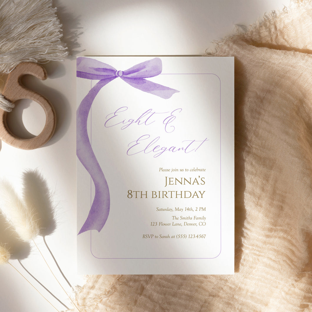 Purple bow Eight & Elegant 8th Birthday Invitation, Editable template, Digital Download 0324