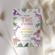 Load image into Gallery viewer, 0323 Baby Girl Dinosaur Birthday Photo Invite, Pink Purple Two-a-Saurus Editable Template
