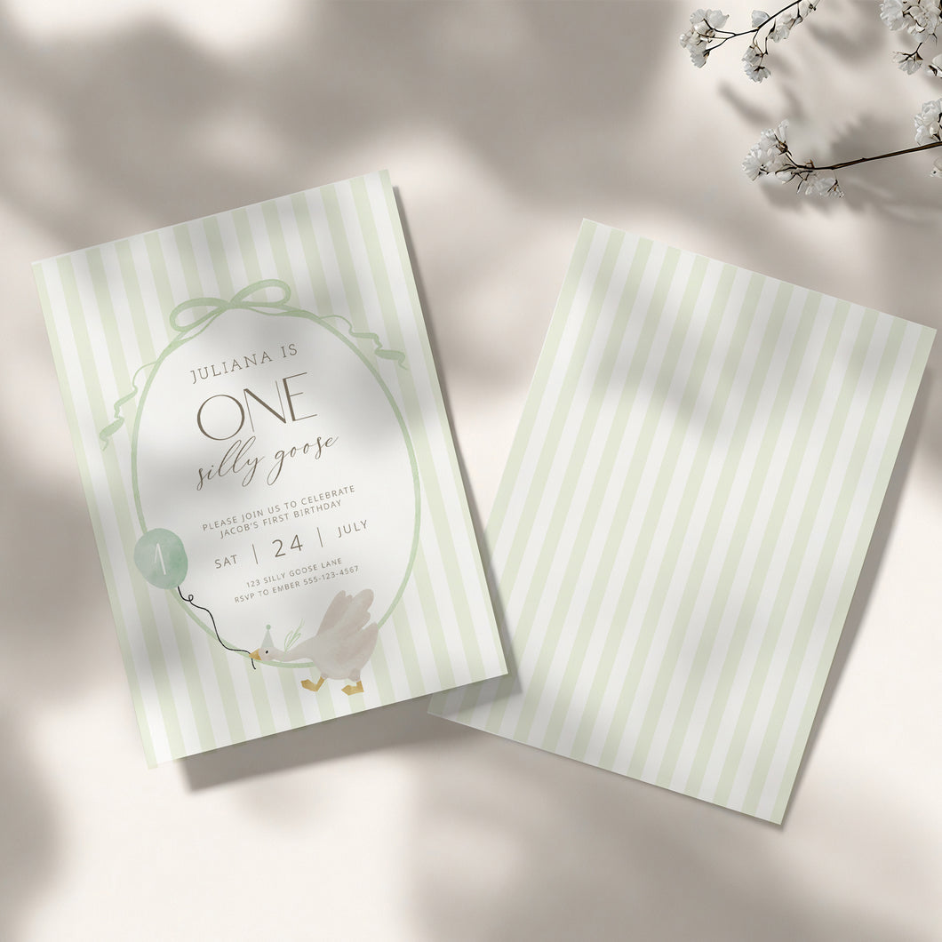 0308 green 1st silly goose birthday invitation template