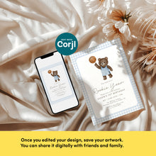 Load image into Gallery viewer, Rookie Year Teddy Bear 1st Birthday Invitation, Blue Gingham Sports First Bday Party Template 0333
