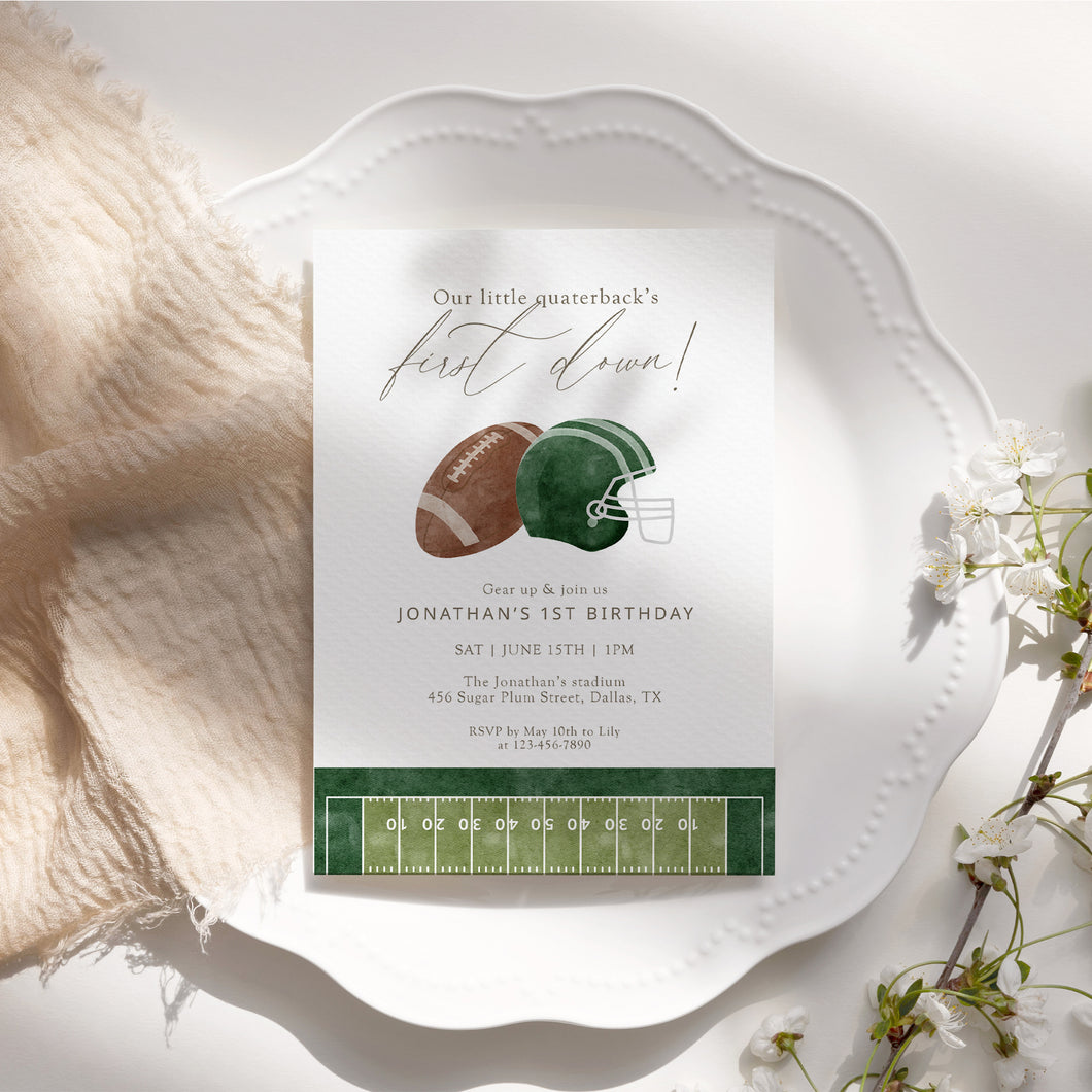 0325 green Our Little Quarterback's First Down Birthday Invitation Template, Digital Download