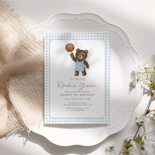 Load image into Gallery viewer, Rookie Year Teddy Bear 1st Birthday Invitation, Blue Gingham Sports First Bday Party Template 0333
